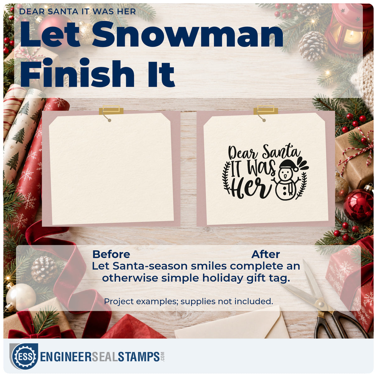 Before and after of a plain item finished with the PSI Pre-Inked Dear Santa It Was Her Stamp, a quick upgrade for framed fridge front.
