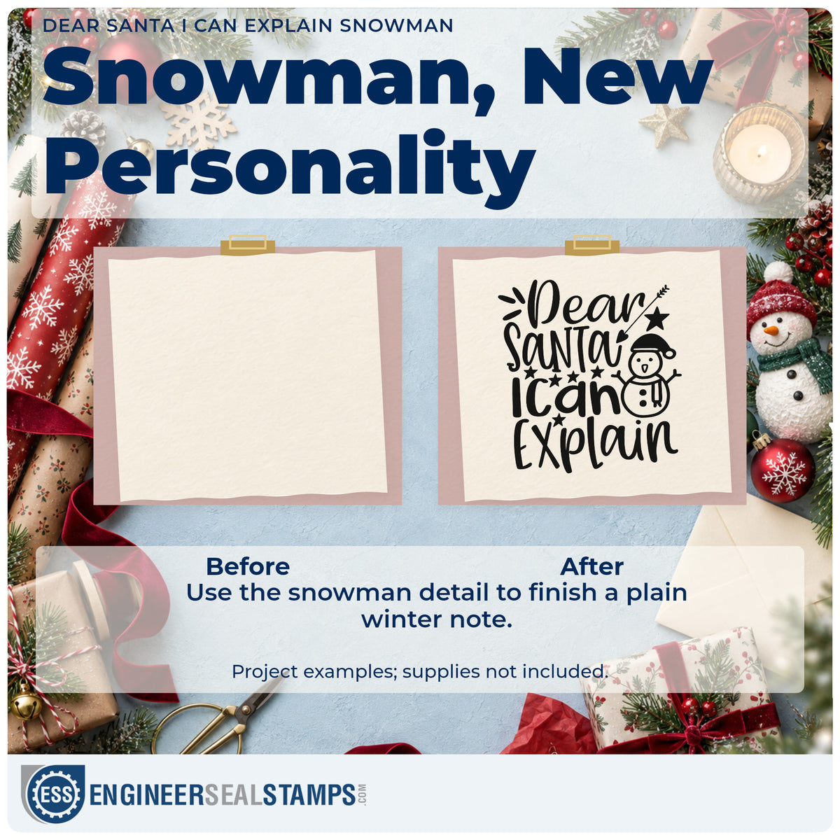 Before and after of a plain item finished with the Snowman And Heart Arrow Dear Santa Rubber Stamp – Duo Hand, a quick upgrade for framed nightstand top.