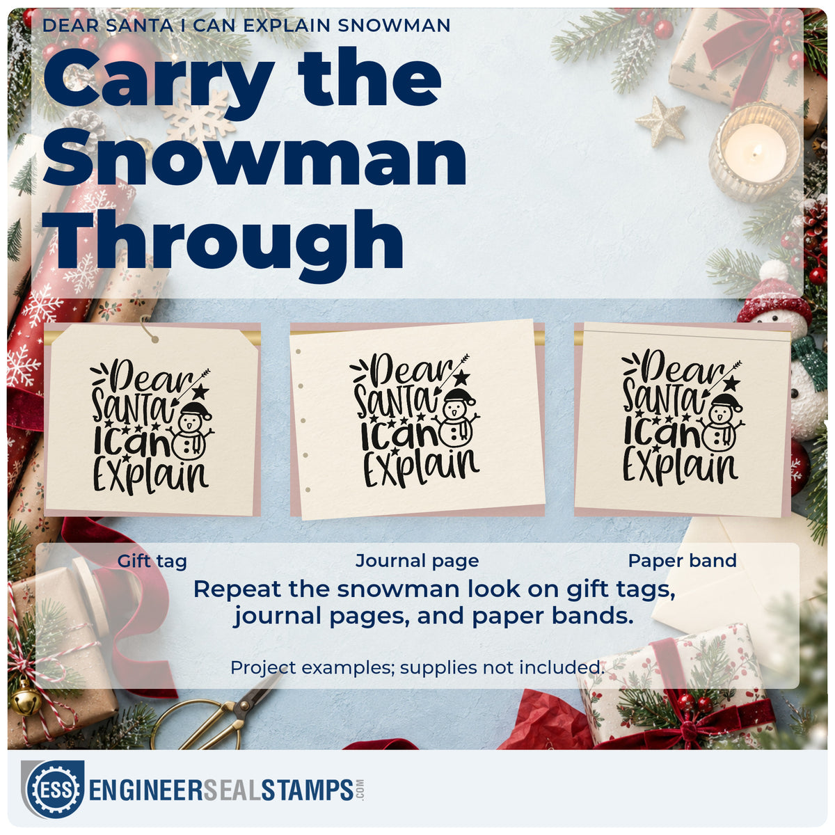 Three project examples made with the Snowman And Heart Arrow Dear Santa Self-Inking Craft Stamp, including amends note sheet.