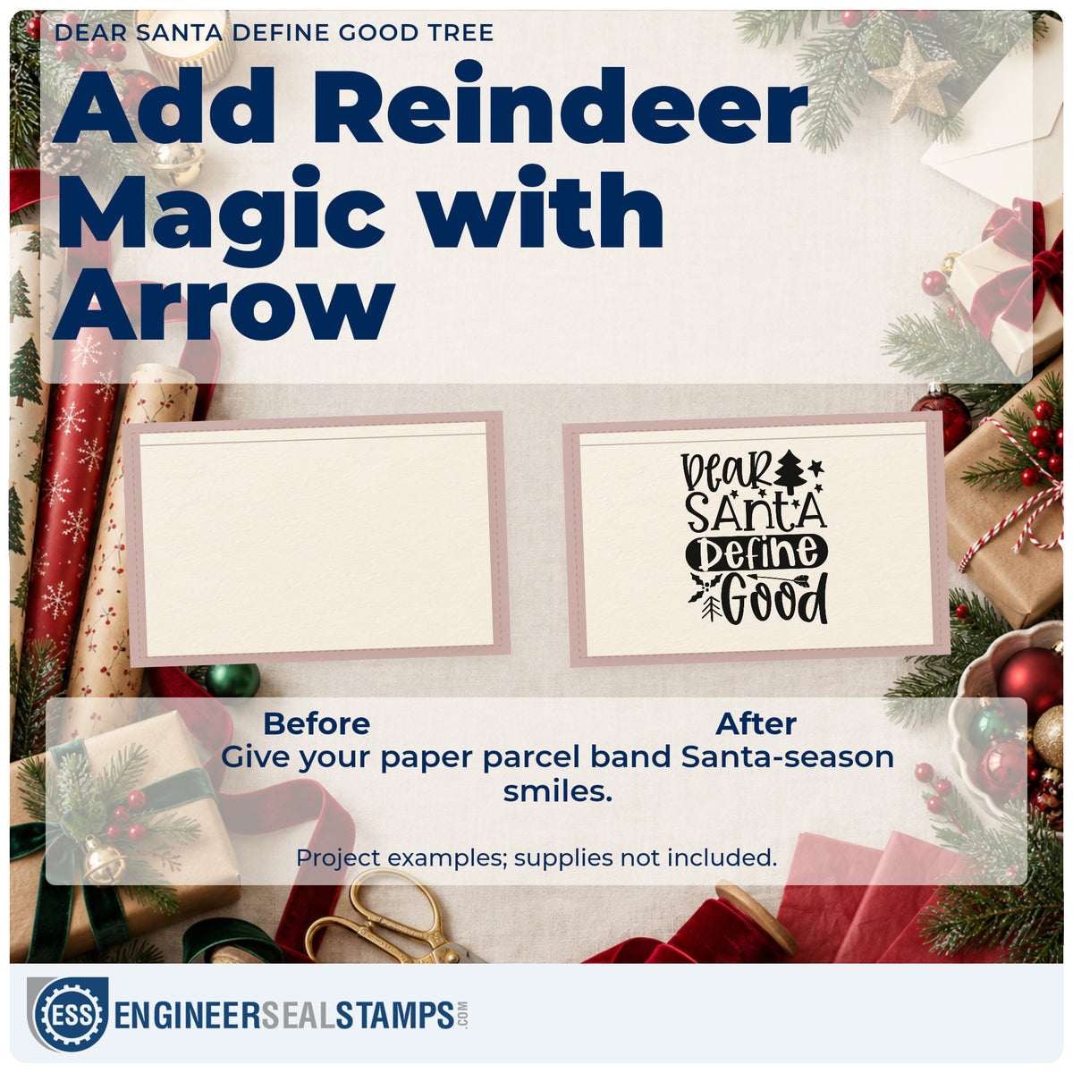Before and after of a plain item finished with the Dear Santa Define Good Tree Premium Wood-Mounted Stamp – Vintage Pro, a quick upgrade for framed over shelf.