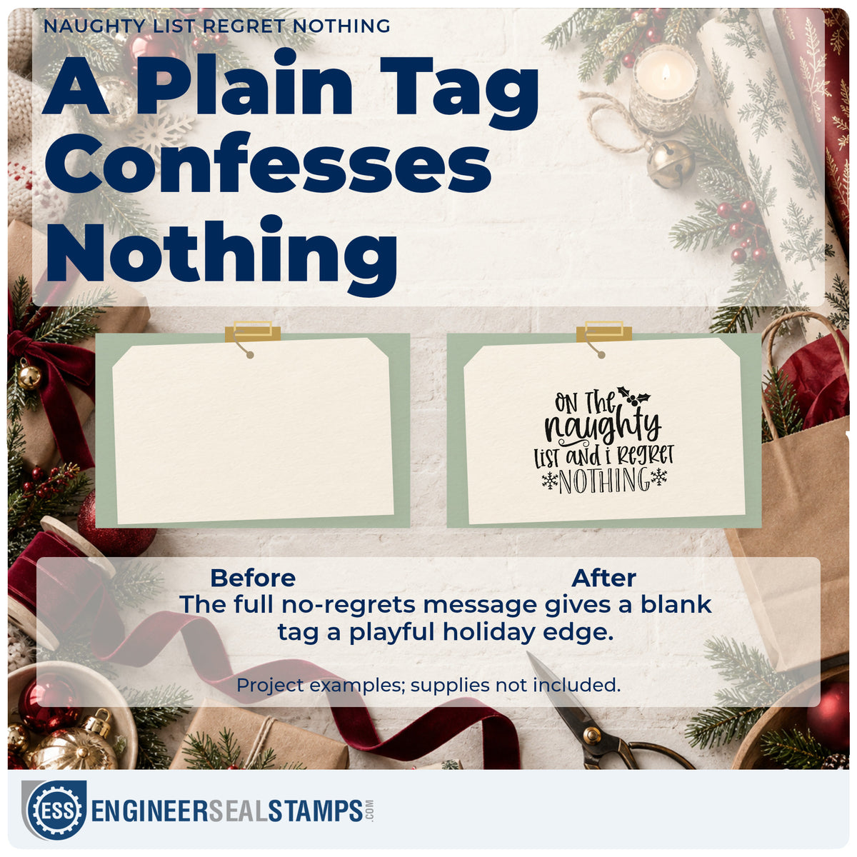 Before and after of a plain item finished with the Naughty List Regret Nothing Holly Rubber Stamp – Duo Hand, a quick upgrade for scarf panel printing.
