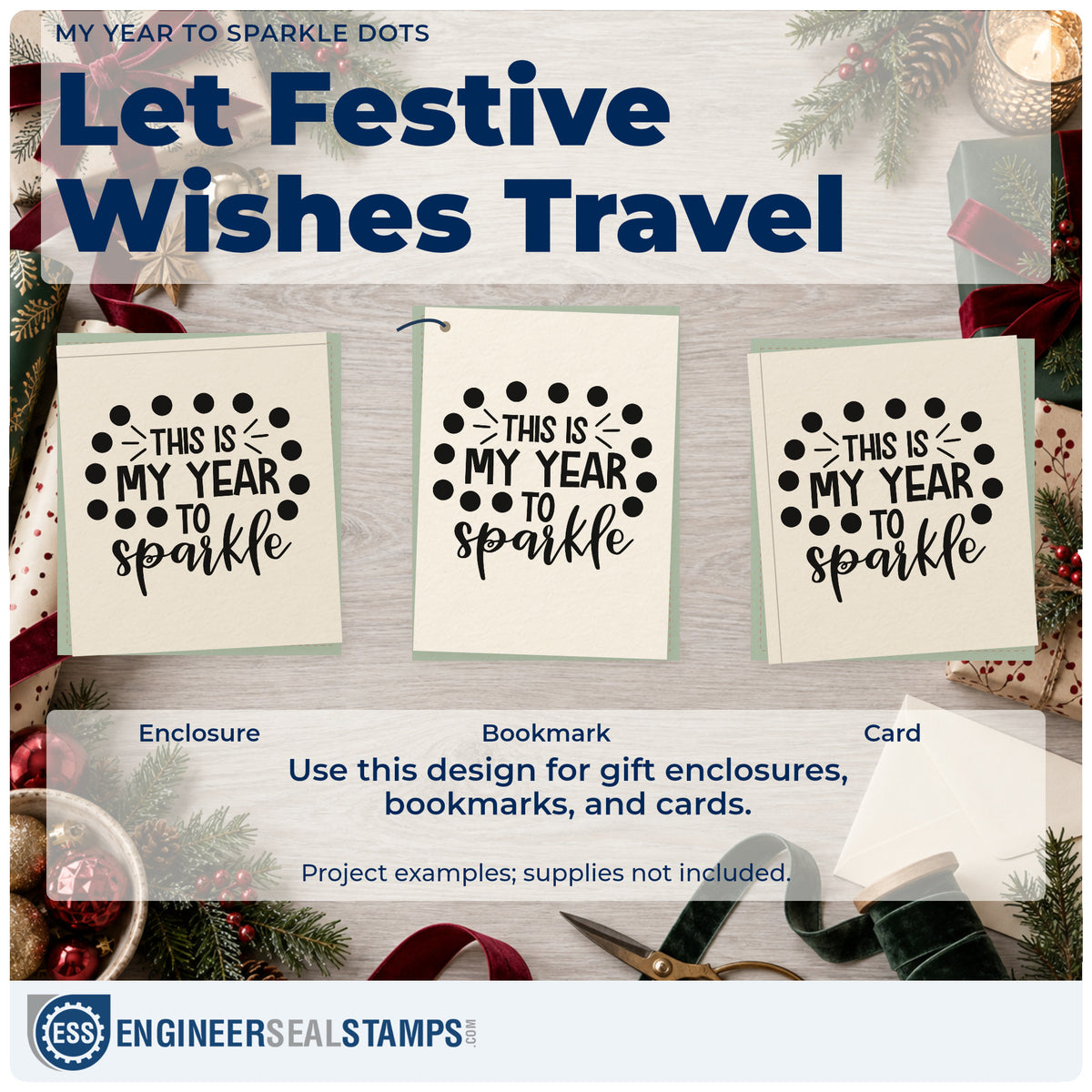 Three project examples made with the Duo Hand My Year To Sparkle Dots Frame Accent Rubber Stamp, including intention list sheet.