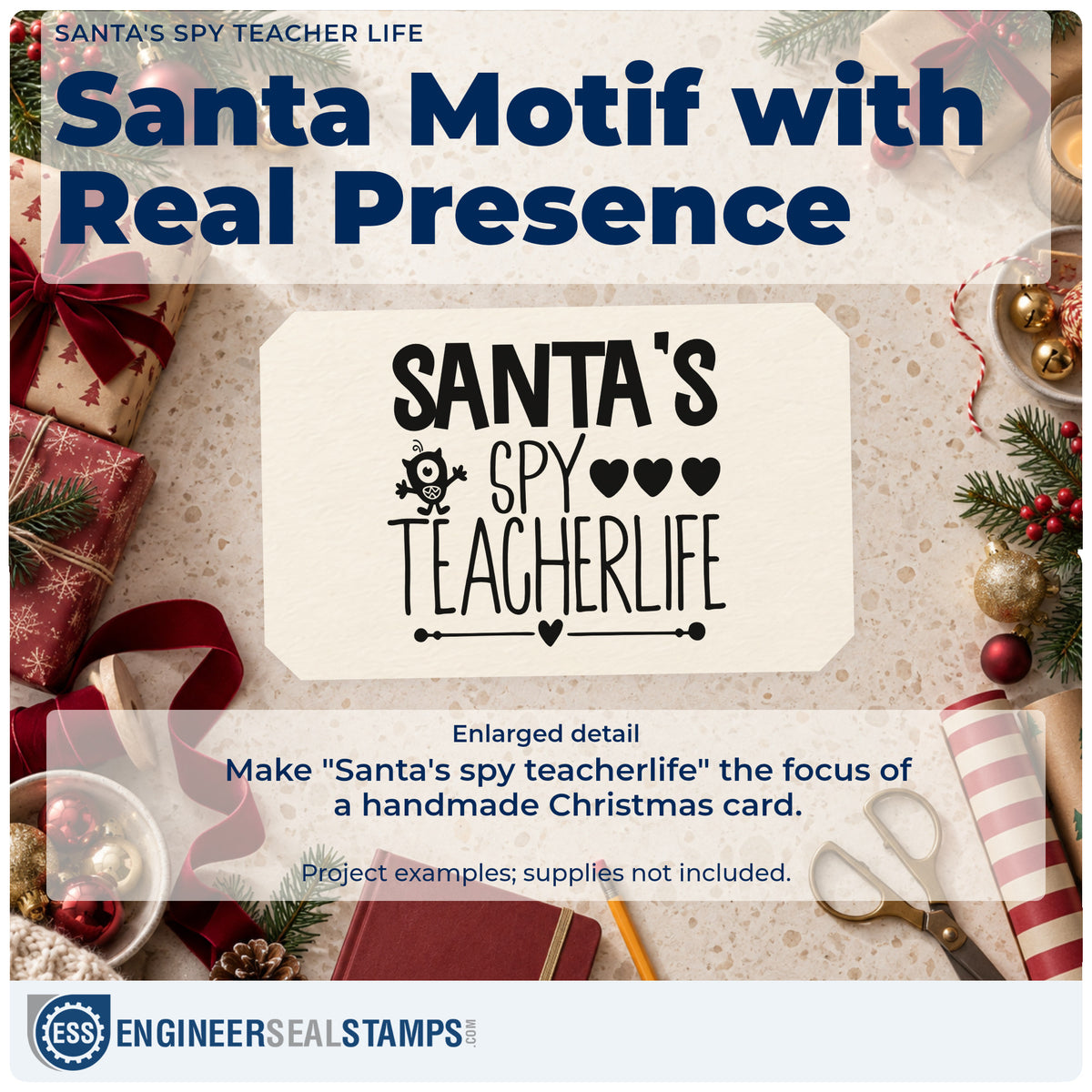 Enlarged detail of the Santa's Spy Teacher Life With Hearts Stamp – Premium Vintage Pro Wooden imprint. The words "Santa's spy teacherlife" include a small Santa face, hearts, and an underline.