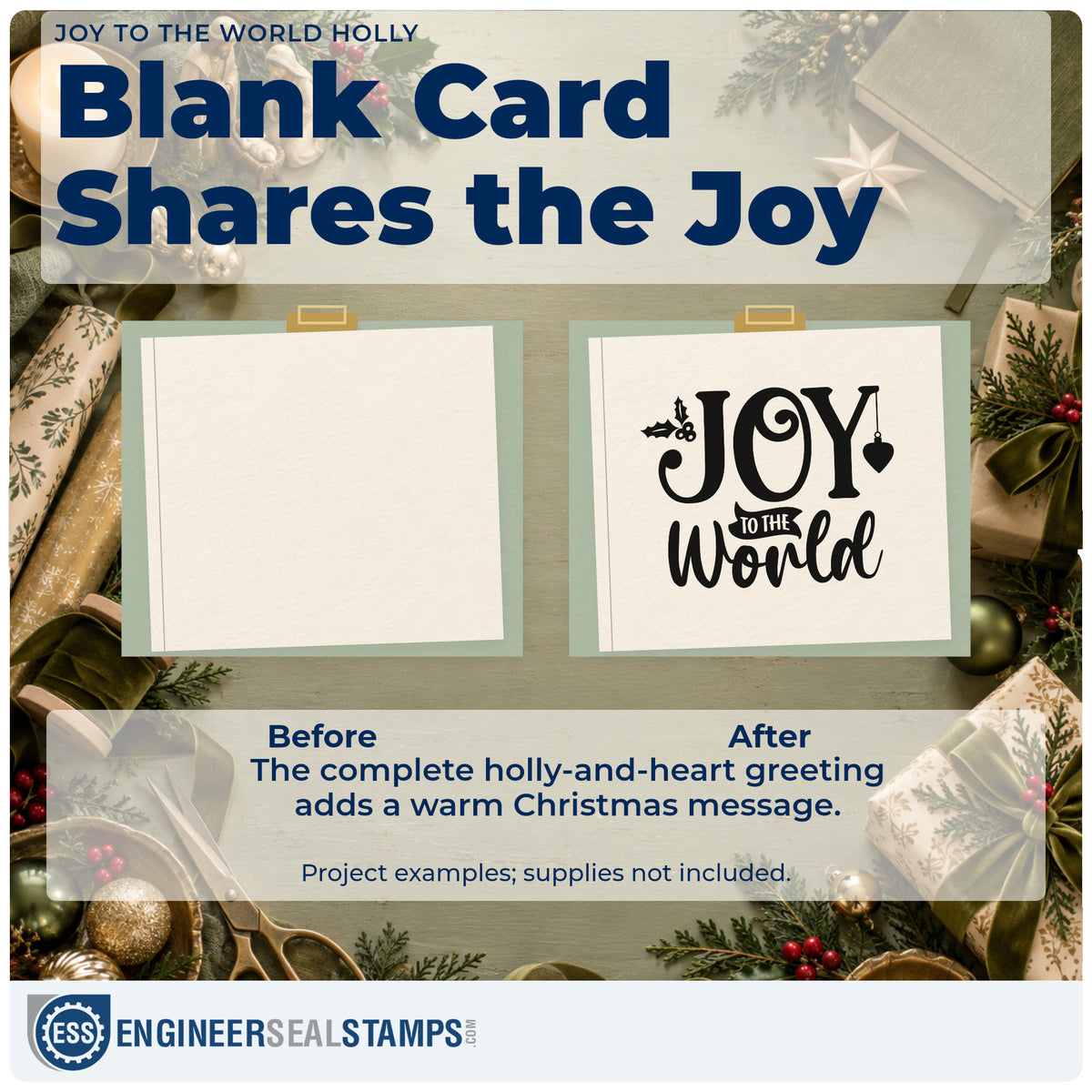 Before and after of a plain item finished with the Joy To The World Holly Ornaments Hand Stamp – Duo, a quick upgrade for framed window hook.