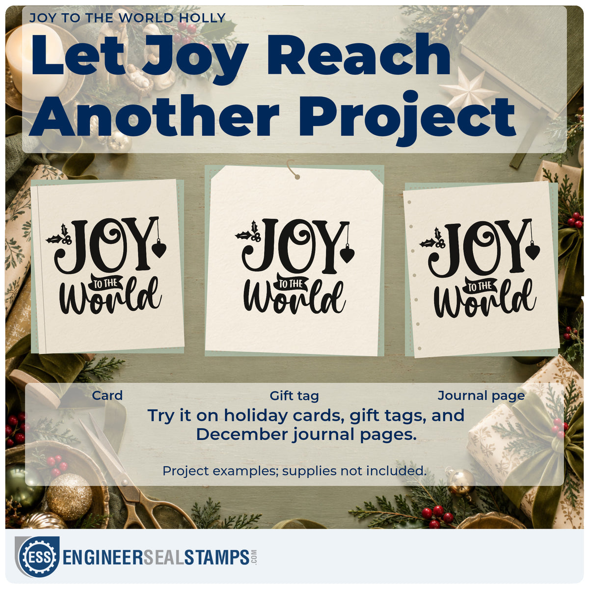 Three project examples made with the Joy To The World Holly Ornaments Craft Stamp – Self-Inking, including memory note sheet.