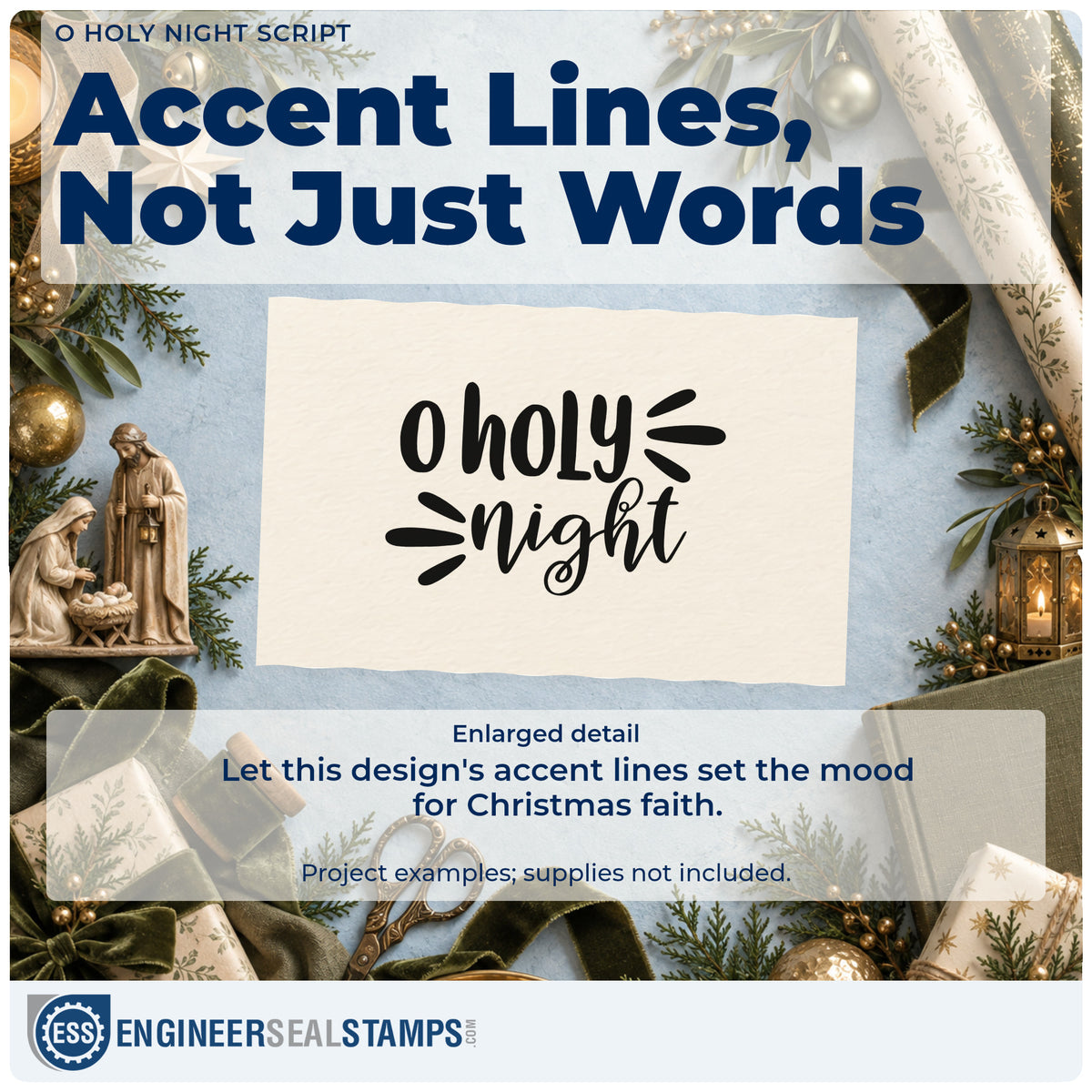 Enlarged detail of the O Holy Night Script Lettering Pre-Inked Stamp – PSI imprint. The words "O holy night" appear with bold decorative strokes at both sides.