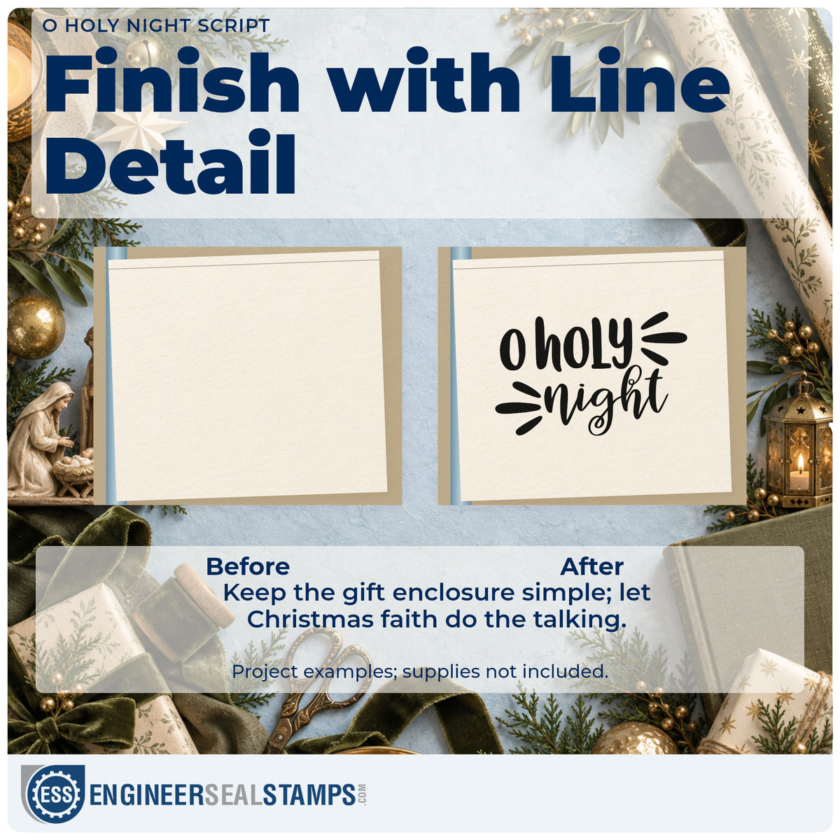 Before and after of a plain item finished with the O Holy Night Script Lettering Self-Inking Craft Stamp, a quick upgrade for framed double border.