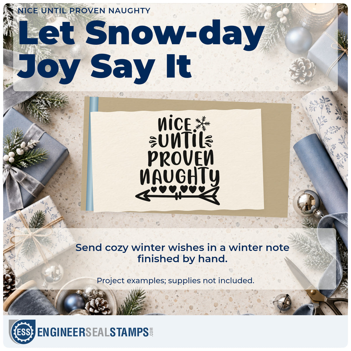 A finished handmade project stamped with the Nice Until Proven Naughty PSI Pre-Inked Stamp, ideal for evidence album page.