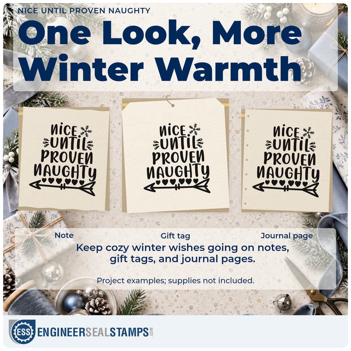 Three project examples made with the Nice Until Proven Naughty Wood-Mounted Rubber Stamp, including case note sheet.