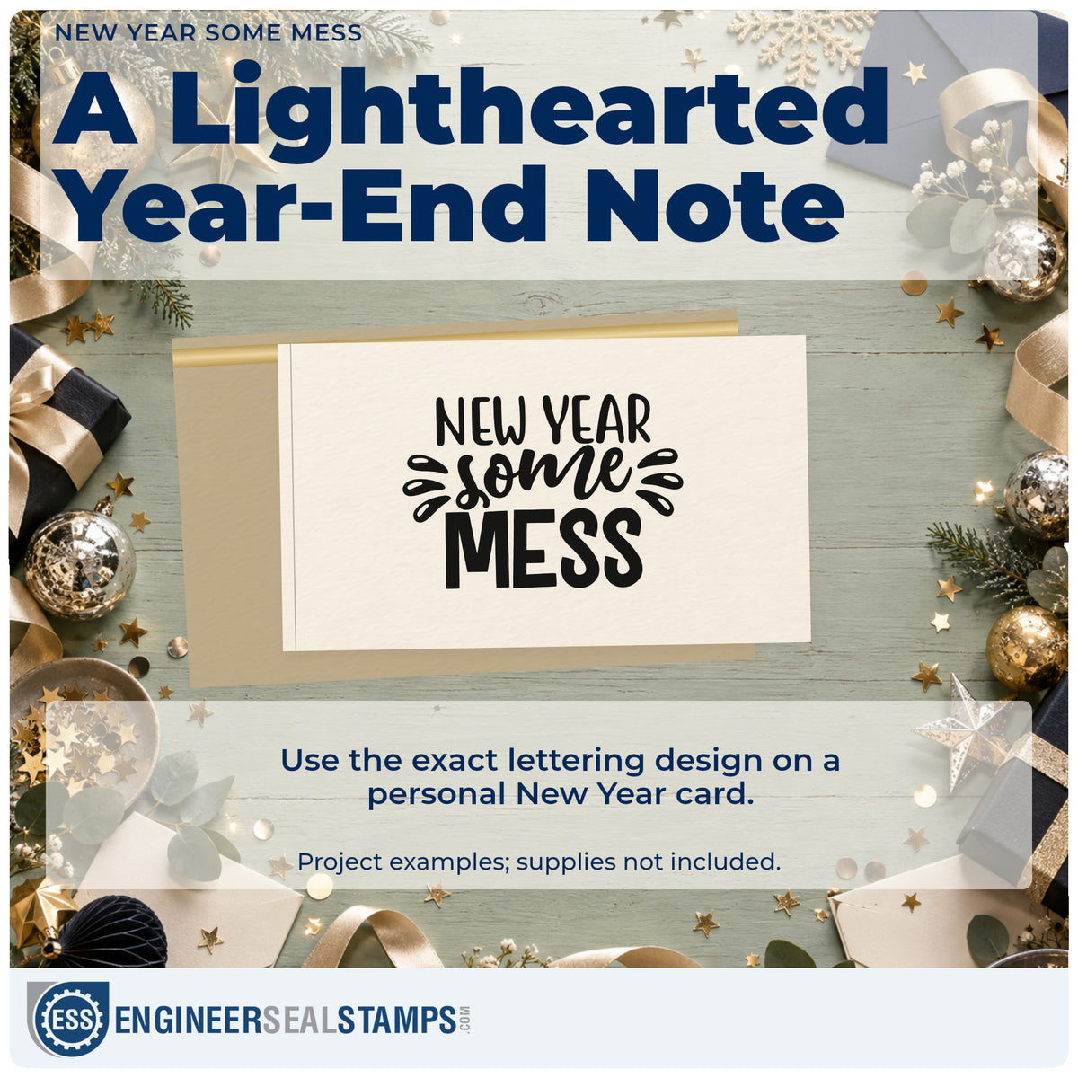 A finished handmade project stamped with the Self-Inking New Year Some Mess Lettering Stamp, ideal for real year album.