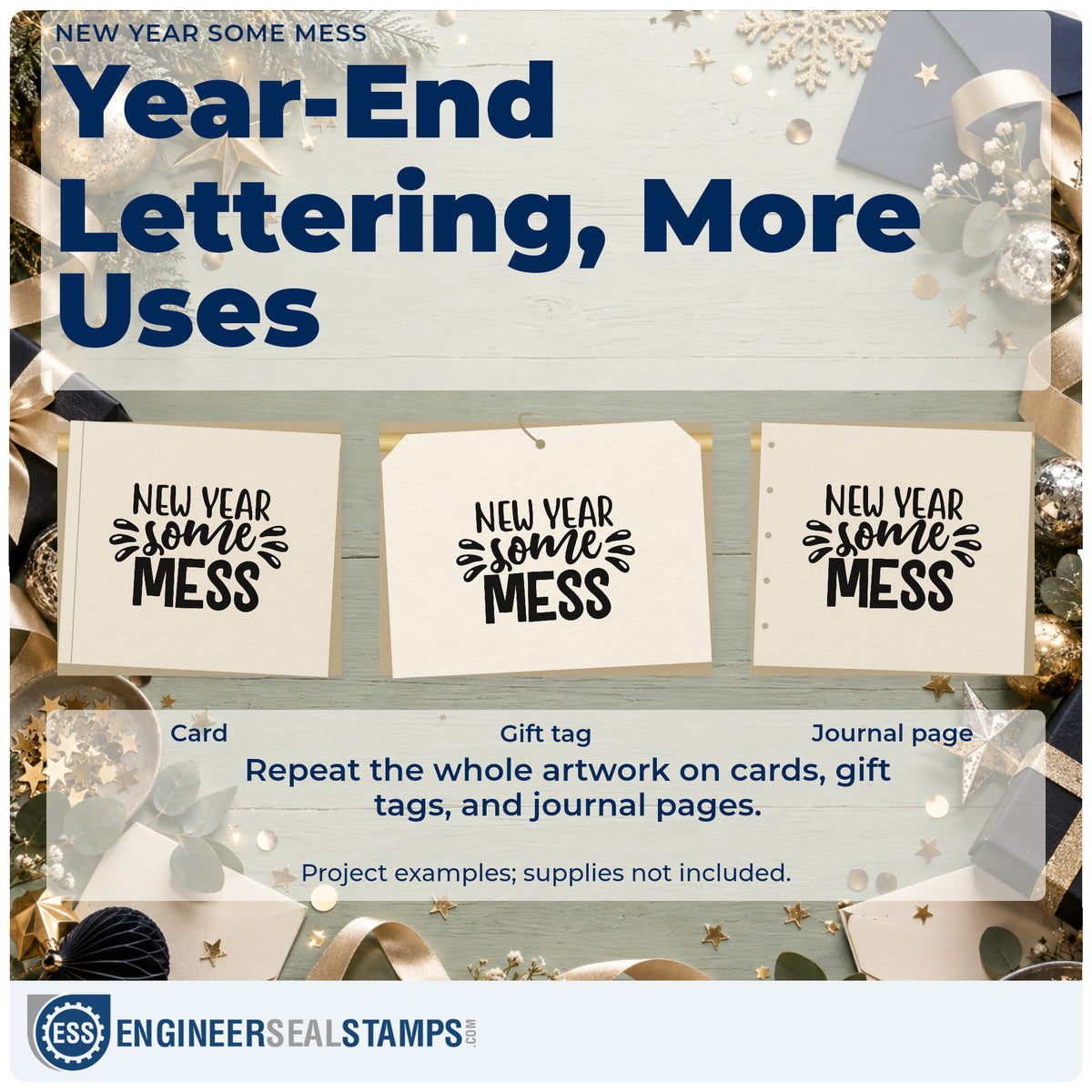 Three project examples made with the Self-Inking New Year Some Mess Lettering Stamp, including reset list sheet.