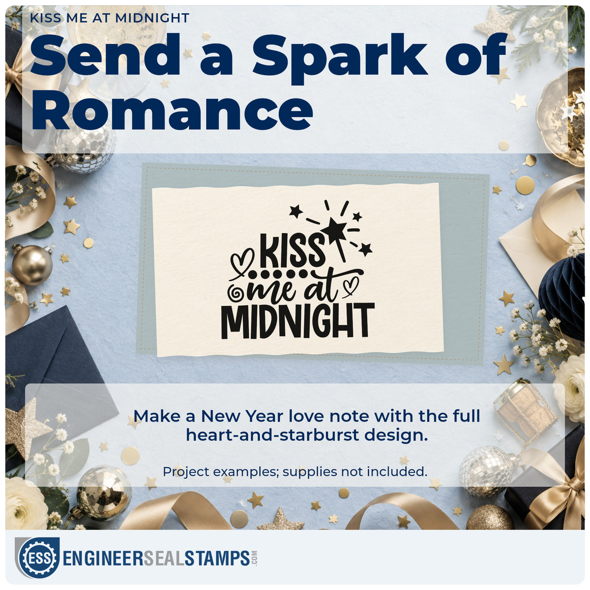 A finished handmade project stamped with the Kiss Me At Midnight With Stars Stamp – Self-Inking, ideal for confetti album page.
