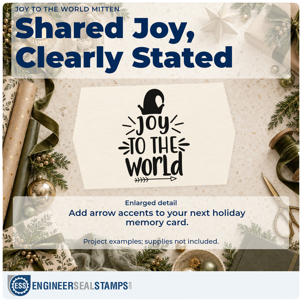 Enlarged detail of the Joy To The World Mitten Arrow Self-Inking Stamp imprint. The words "Joy to the world" appear beneath a mitten with accent lines and an arrow.