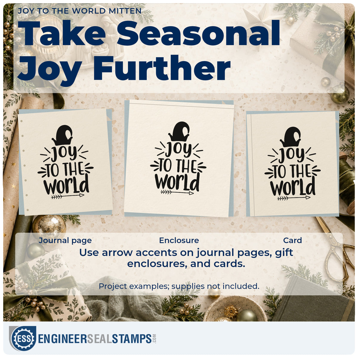Three project examples made with the Joy To The World Mitten Arrow Self-Inking Stamp, including yarn order sheet.