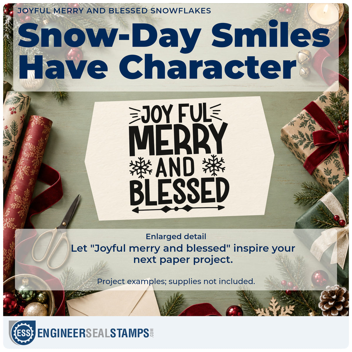Enlarged detail of the Joyful Merry And Blessed Snowflakes Rubber Stamp – Wood Handle imprint. The words "Joyful merry and blessed" include snowflakes, rays, and a diamond arrow divider.