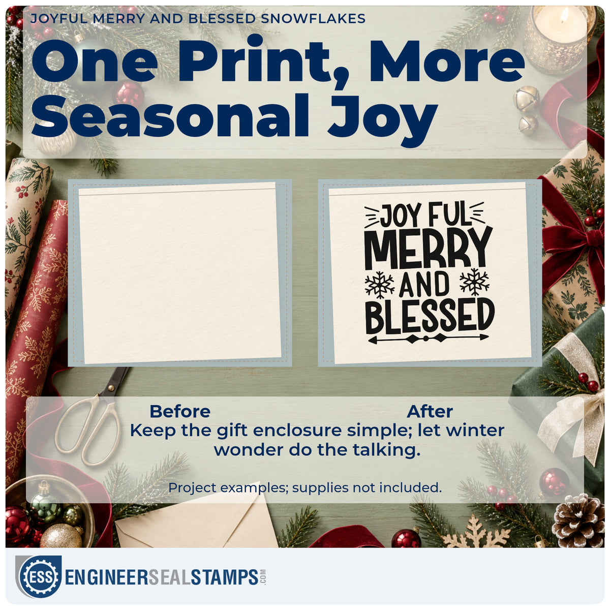 Before and after of a plain item finished with the Joyful Merry And Blessed Snowflakes Rubber Stamp – Wood Handle, a quick upgrade for framed triptych row.