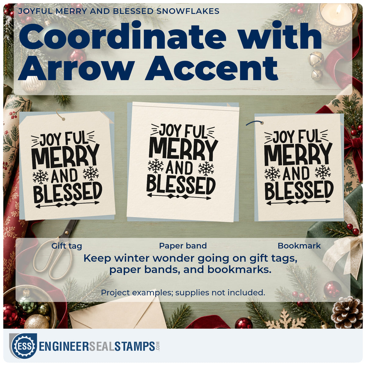 Three project examples made with the Joyful Merry And Blessed Snowflakes Hand Stamp – Duo, including section rule sheet.