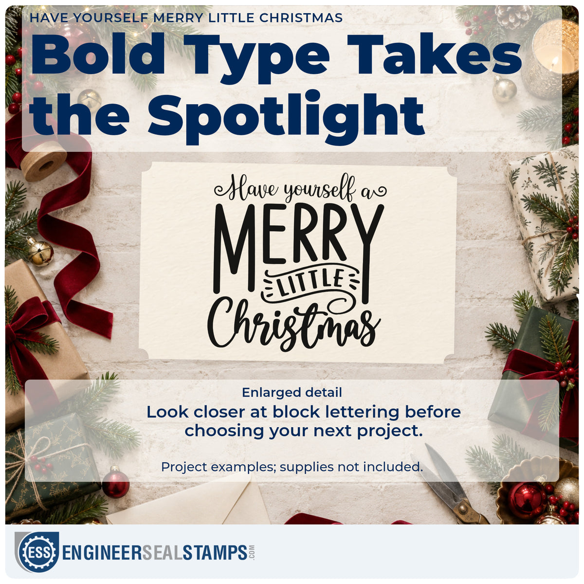 Enlarged detail of the Have Yourself A Merry Little Christmas Banner Accent Compact Pre-Inked Stamp – Slim imprint. The phrase "Have yourself a merry little Christmas" uses mixed script and block lettering with a small ribbon flourish.