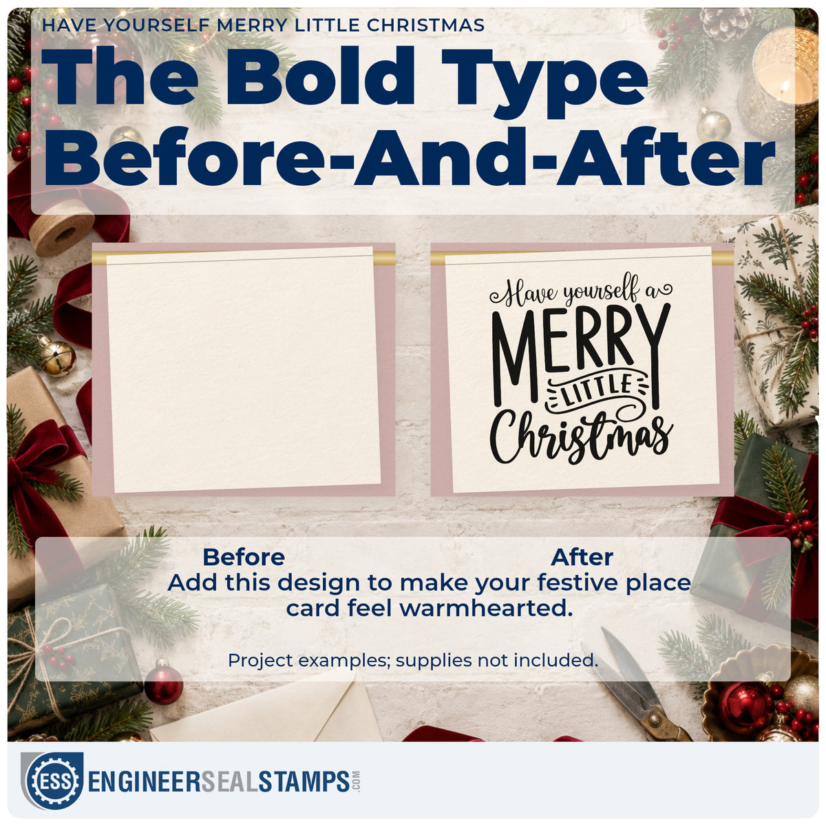 Before and after of a plain item finished with the Have Yourself A Merry Little Christmas Banner Accent PSI Pre-Inked Stamp, a quick upgrade for armchair cover ink.