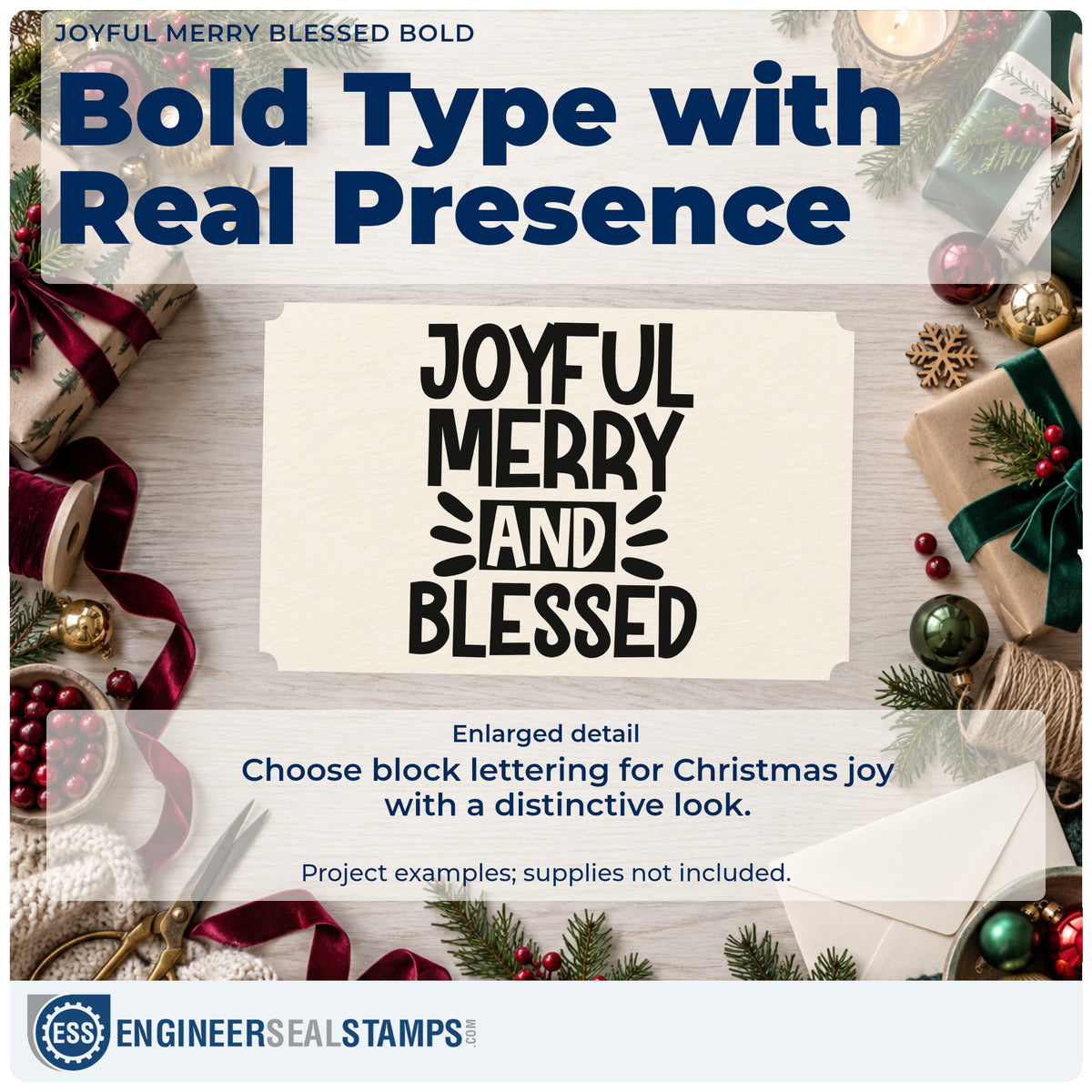 Enlarged detail of the PSI Pre-Inked Joyful Merry Blessed Bold Stamp imprint. The words "Joyful merry and blessed" appear in bold block capitals with decorative rays.