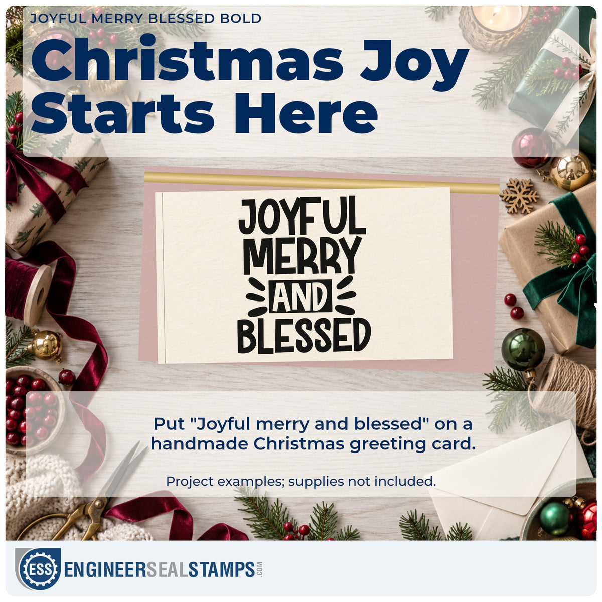 A finished handmade project stamped with the Joyful Merry Blessed Bold Rubber Stamp – Wood Handle, ideal for poster album page.
