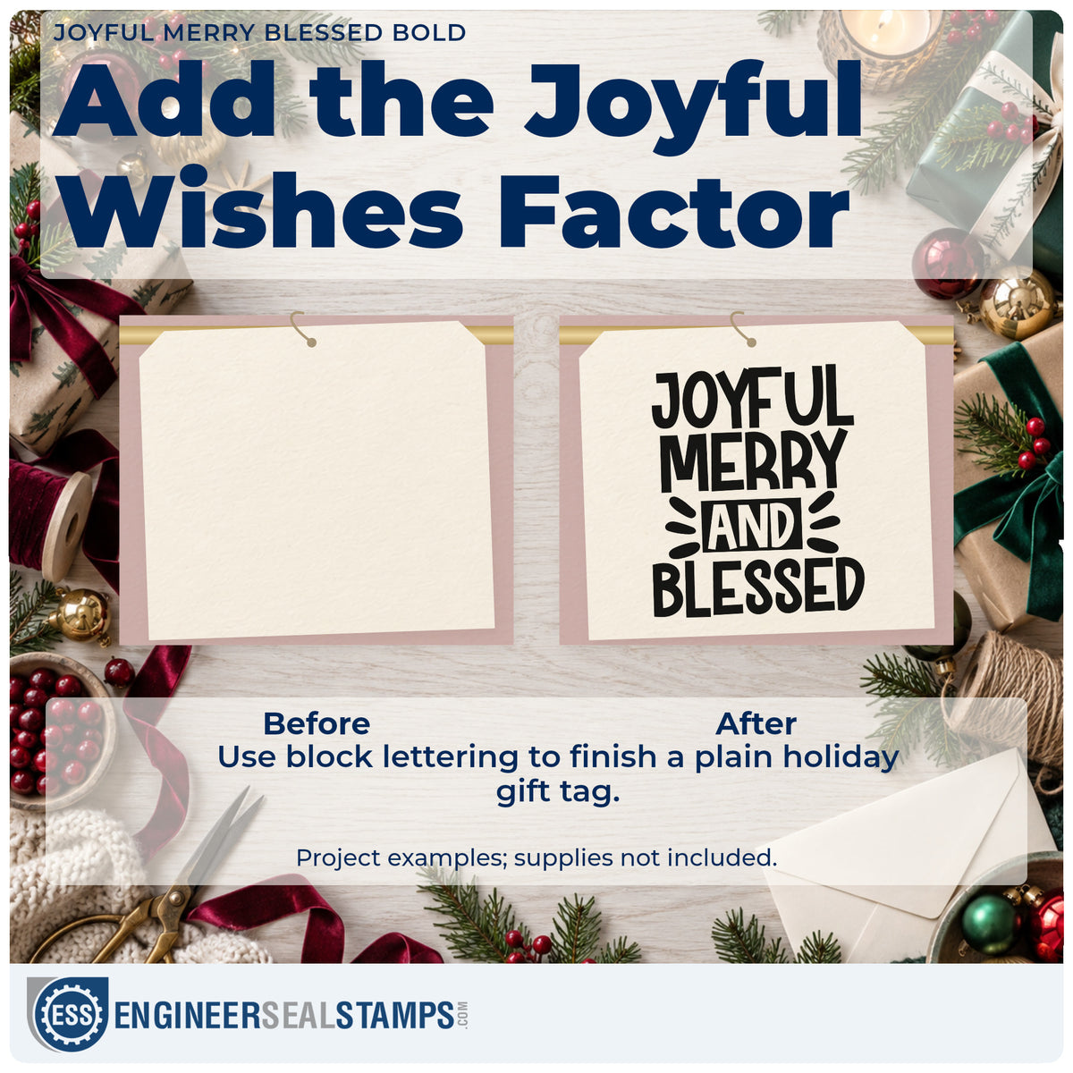 Before and after of a plain item finished with the Joyful Merry Blessed Bold Premium Wooden Stamp – Vintage Pro, a quick upgrade for framed stair poster.
