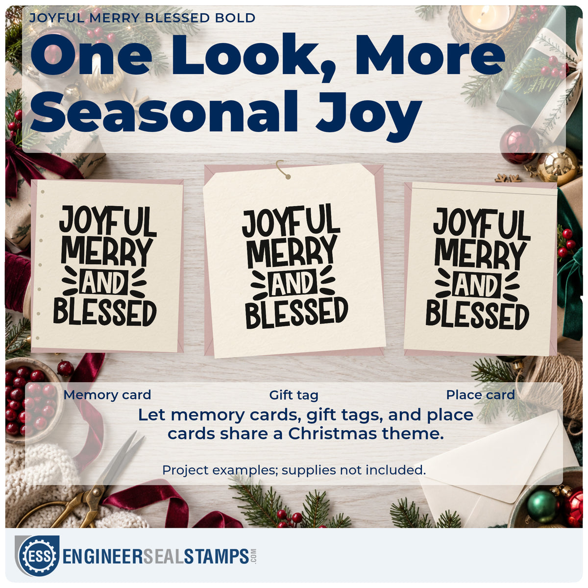 Three project examples made with the Joyful Merry Blessed Bold Slim Pre-Inked Stamp, including header block sheet.