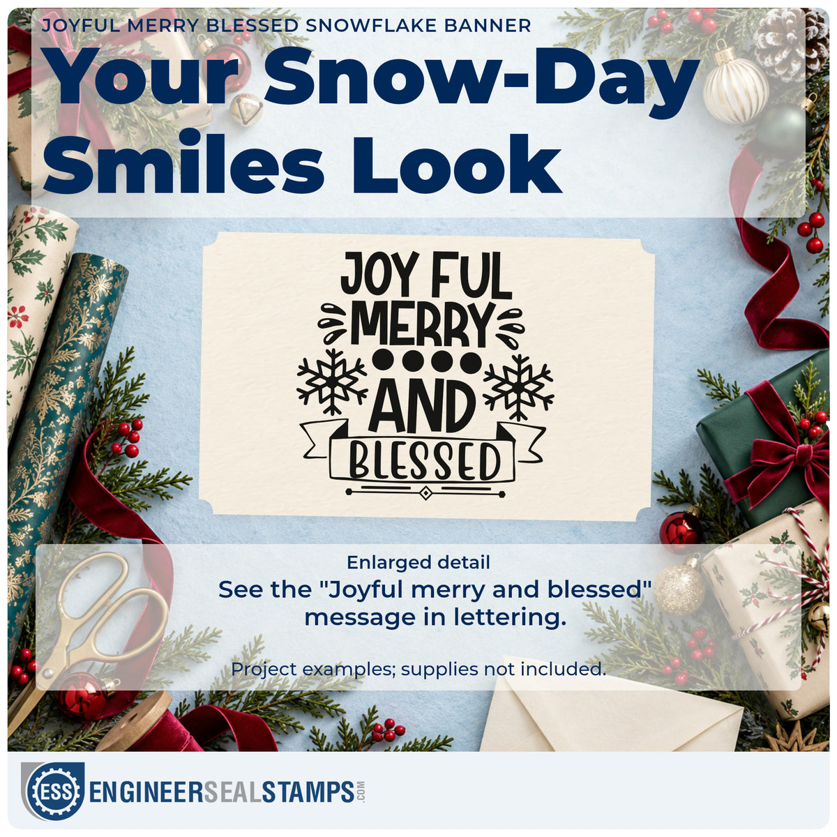 Enlarged detail of the Joyful Merry Blessed Snowflake Banner Lettering Wood Handle Stamp imprint. The words "Joyful merry and blessed" include dots, two snowflakes, and a banner around "blessed."
