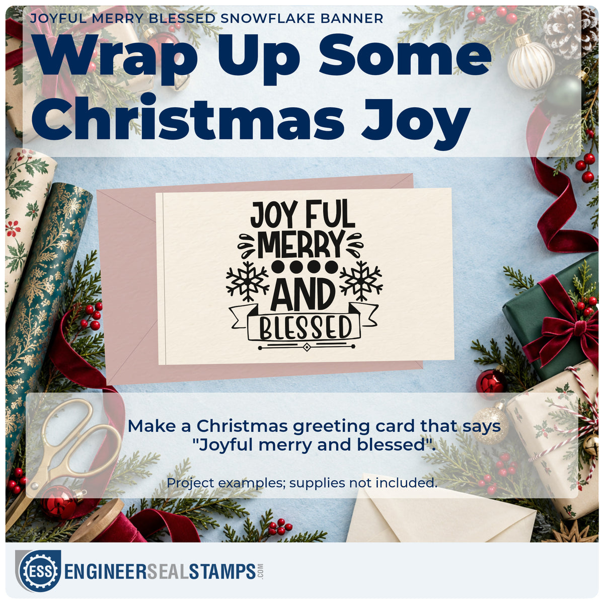 A finished handmade project stamped with the Joyful Merry Blessed Snowflake Banner Lettering Self-Inking Craft Stamp, ideal for emphasis album page.