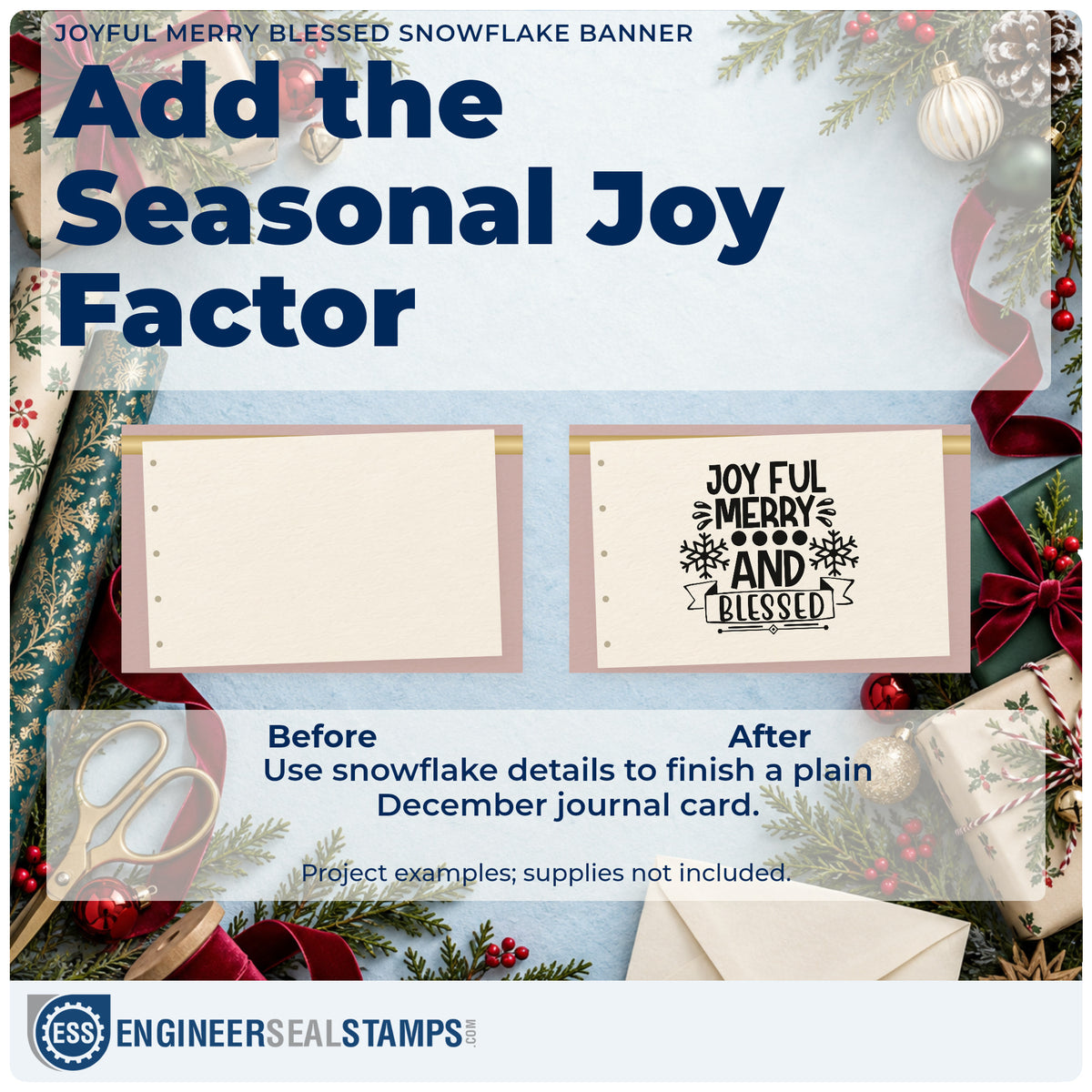 Before and after of a plain item finished with the Slim Pre-Inked Joyful Merry Blessed Snowflake Banner Lettering Stamp, a quick upgrade for framed accent print.