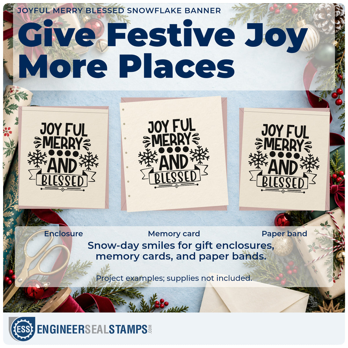 Three project examples made with the Joyful Merry Blessed Snowflake Banner Lettering Wood Handle Stamp, including highlight note sheet.
