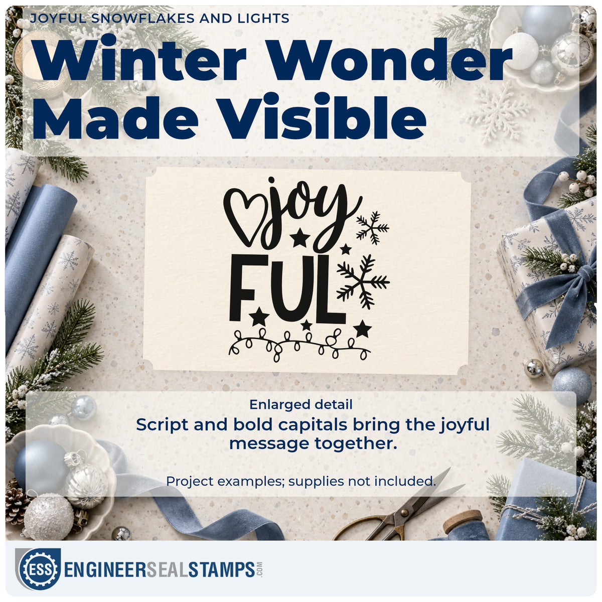 Enlarged detail of the Joyful Snowflakes And Lights Hand Stamp – Duo imprint. The word "joyful" is split between script and block letters with a heart, stars, snowflakes, and string lights.