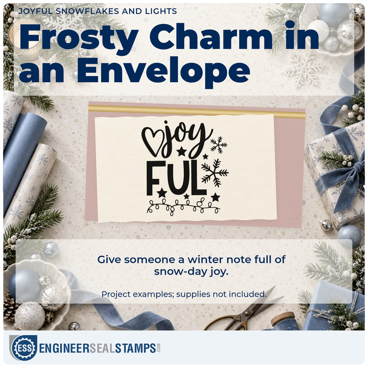 A finished handmade project stamped with the Joyful Snowflakes And Lights Self-Inking Stamp, ideal for light display album.