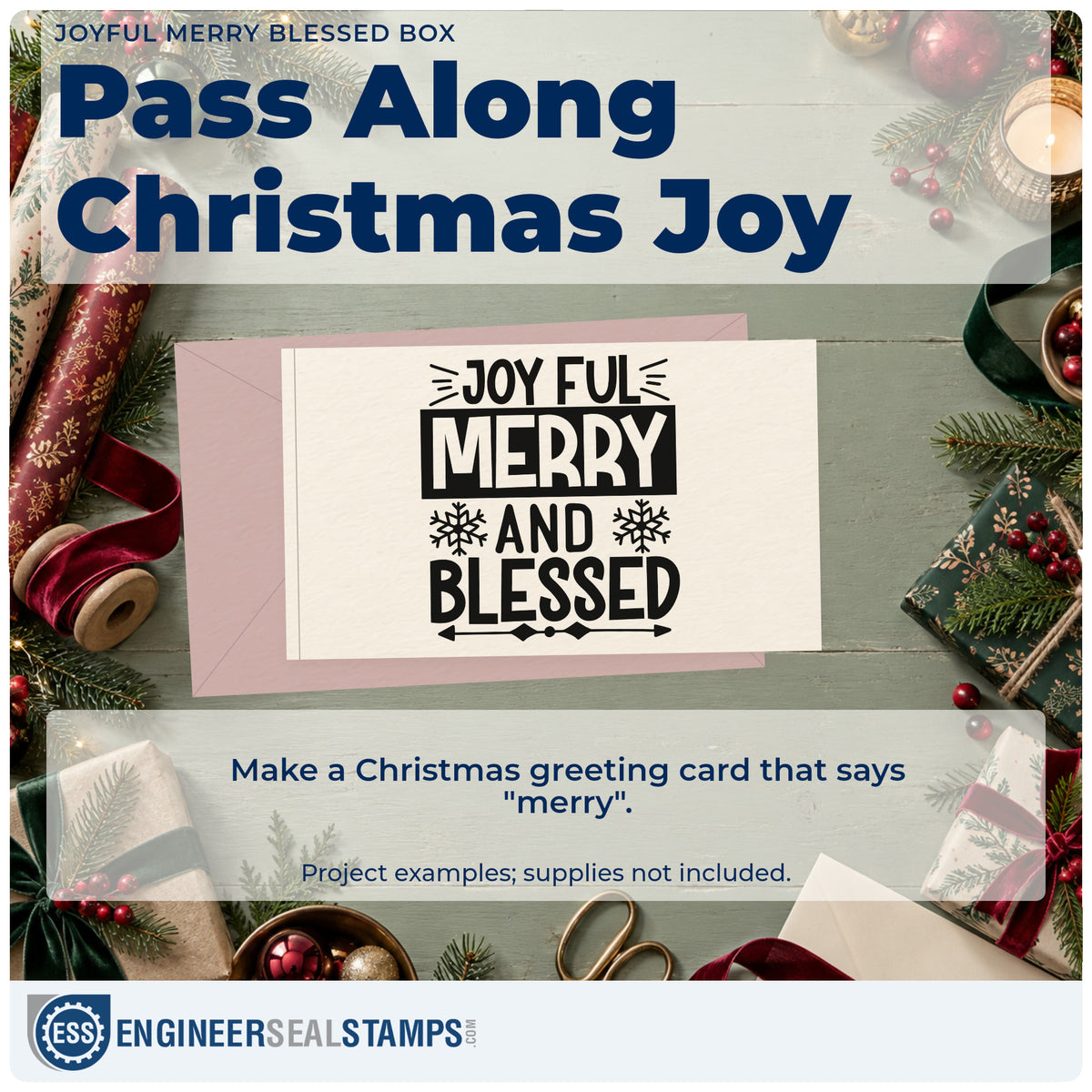 A finished handmade project stamped with the Joyful Merry Blessed Box Snowflakes Pre-Inked Stamp – PSI, ideal for reverse album page.