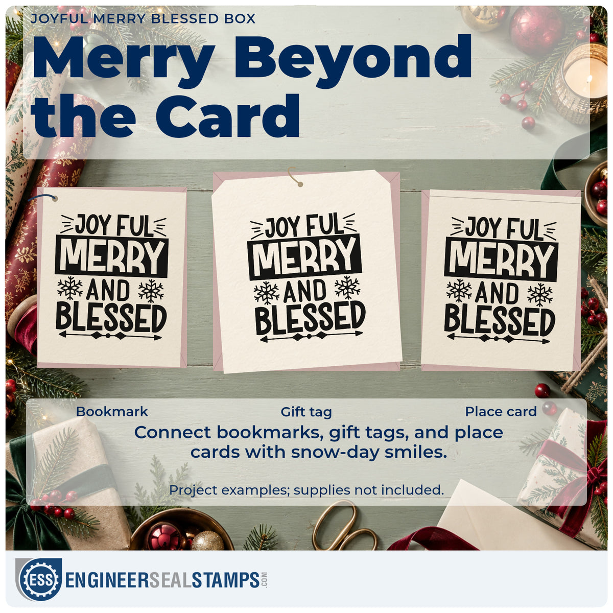 Three project examples made with the Joyful Merry Blessed Box Snowflakes Stamp – Duo Hand, including callout note sheet.