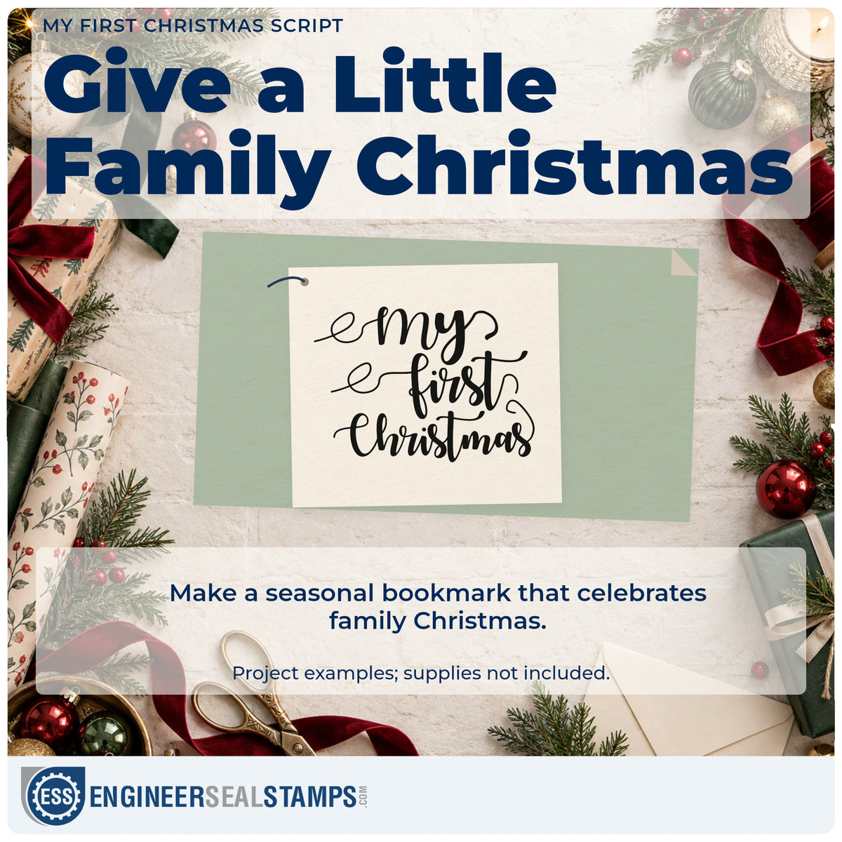 A finished handmade project stamped with the My First Christmas Script Rubber Stamp – Duo Hand, ideal for keepsake album plate.