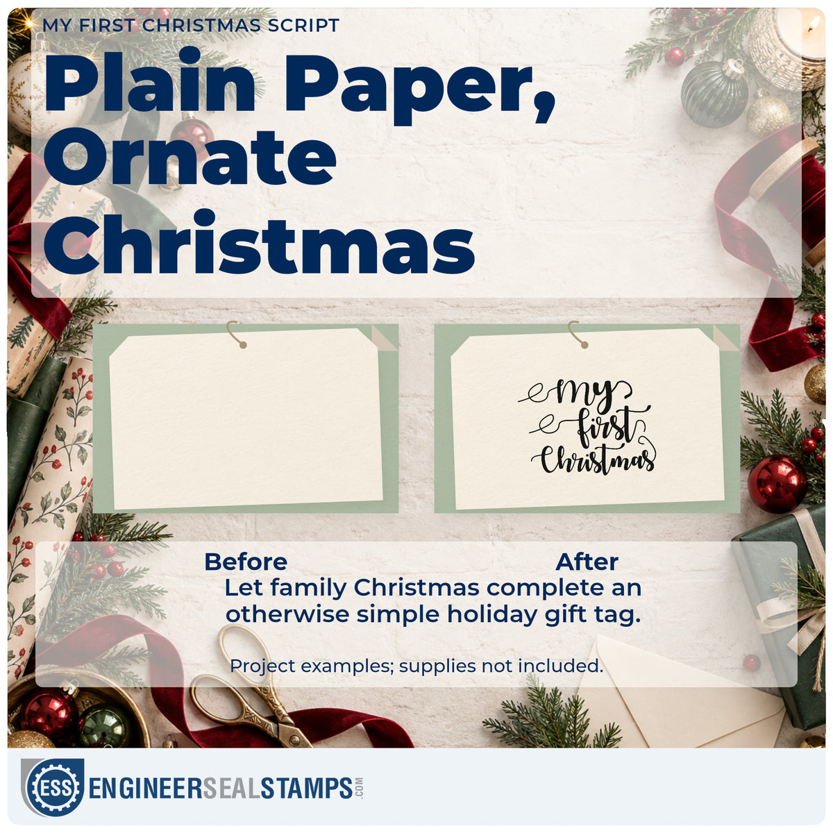 Before and after of a plain item finished with the My First Christmas Script Stamp – Self-Inking, a quick upgrade for framed nursery wall.