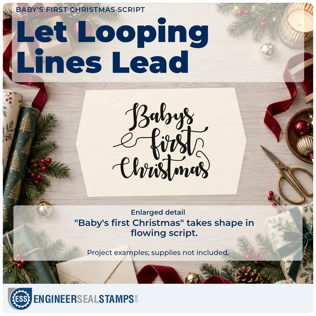 Enlarged detail of the Baby's First Christmas Stamp – PSI Pre-Inked imprint. The words "Baby's first Christmas" appear in flowing script with curling flourishes.