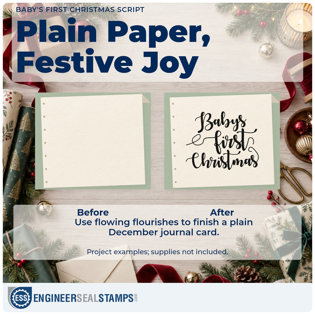 Before and after of a plain item finished with the Baby's First Christmas Stamp – PSI Pre-Inked, a quick upgrade for framed crib wall.