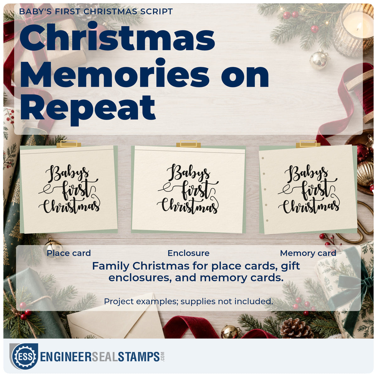 Three project examples made with the Baby's First Christmas Slim Pre-Inked Stamp, including contact list sheet.