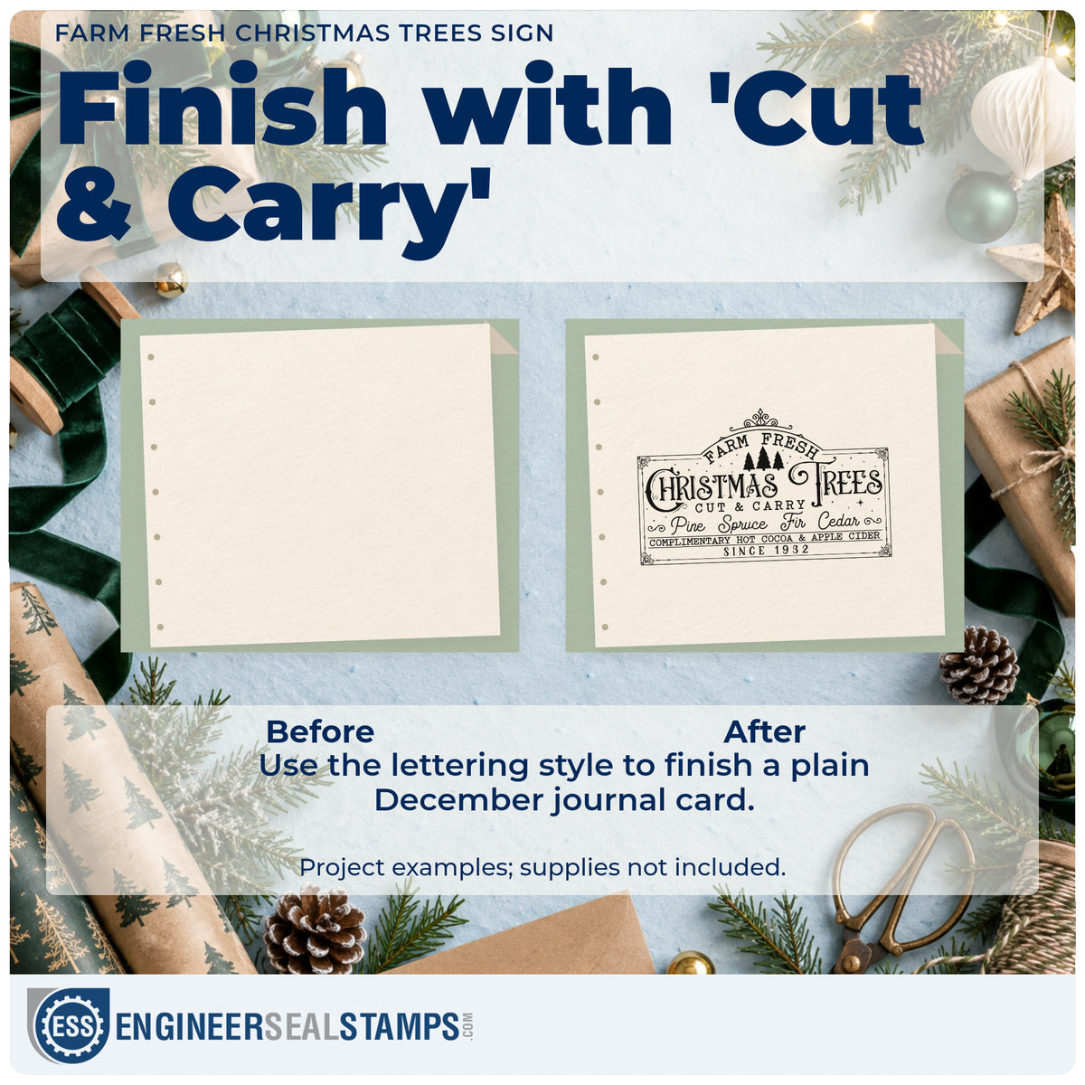 Before and after of a plain item finished with the Farm Fresh Christmas Trees Sign Rubber Stamp – Wood Handle, a quick upgrade for framed barn panel.