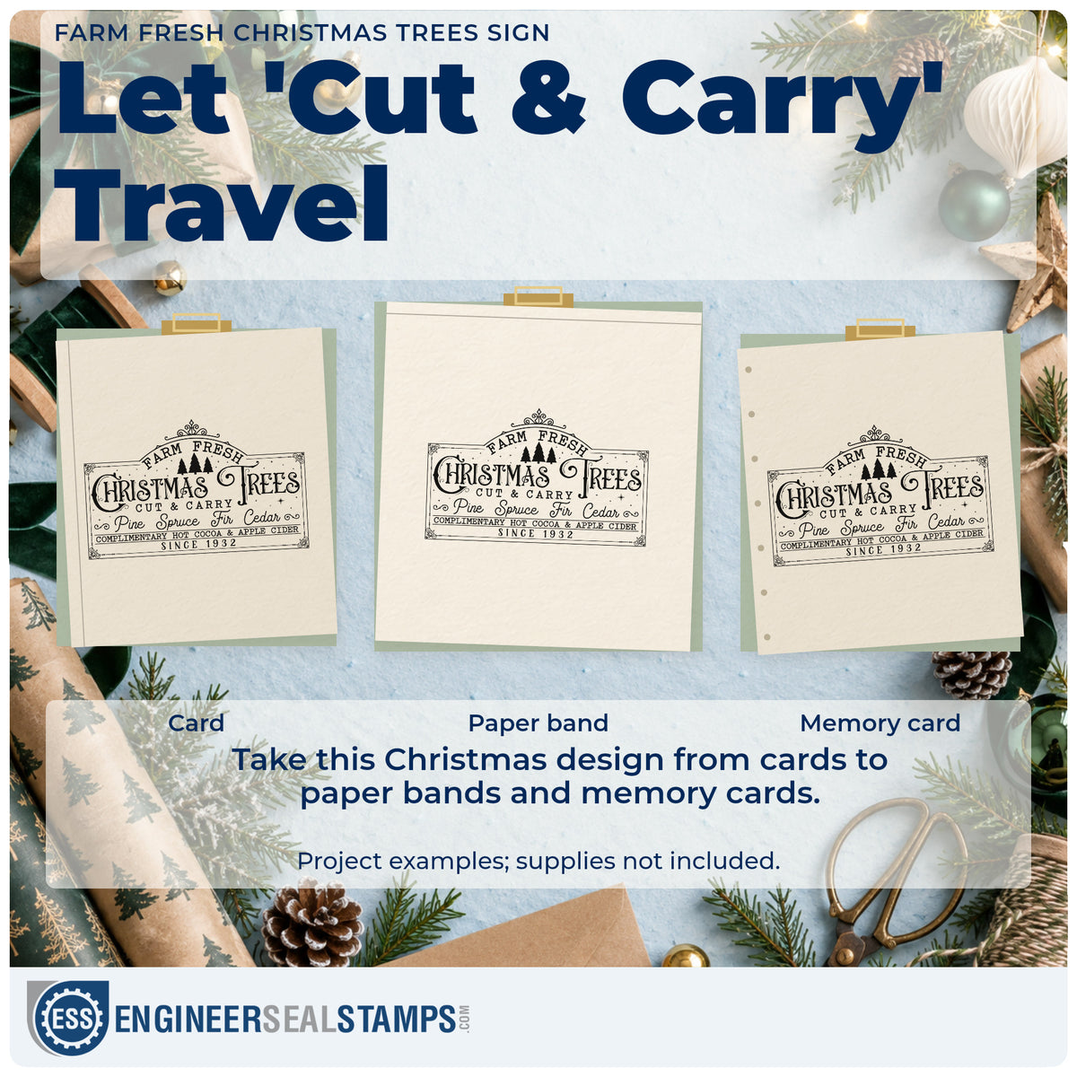 Three project examples made with the Farm Fresh Christmas Trees Sign Premium Wood-Mounted Stamp – Vintage Pro, including cut order sheet.