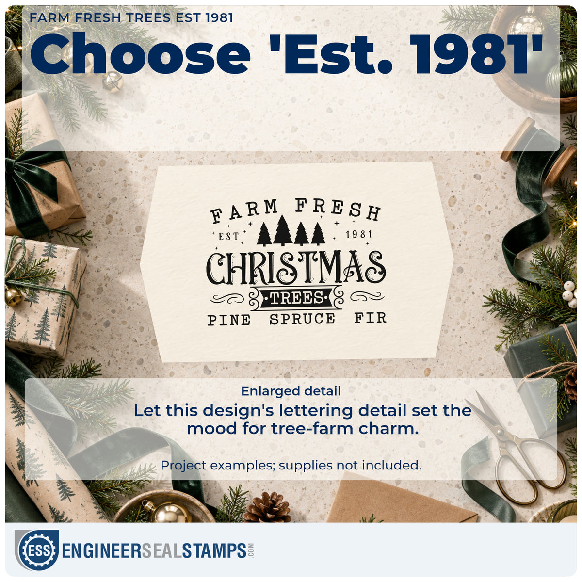 Enlarged detail of the Farm Fresh Trees Est 1981 Lettering Rubber Stamp – Duo Hand imprint. The words "Farm fresh Christmas trees" appear with a row of trees, "est. 1981," and "pine spruce fir."