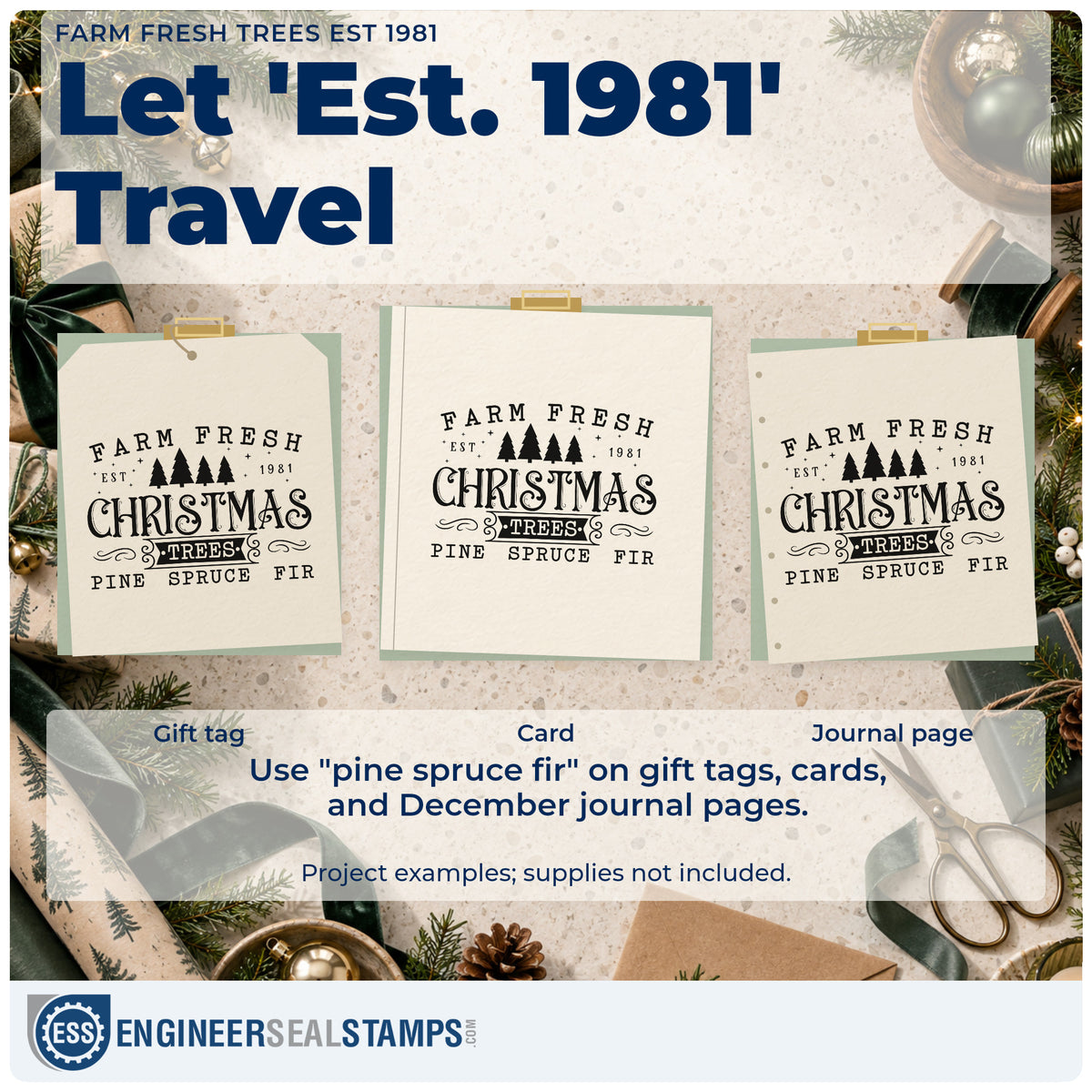 Three project examples made with the Farm Fresh Trees Est 1981 Lettering Self-Inking Stamp, including year record sheet.