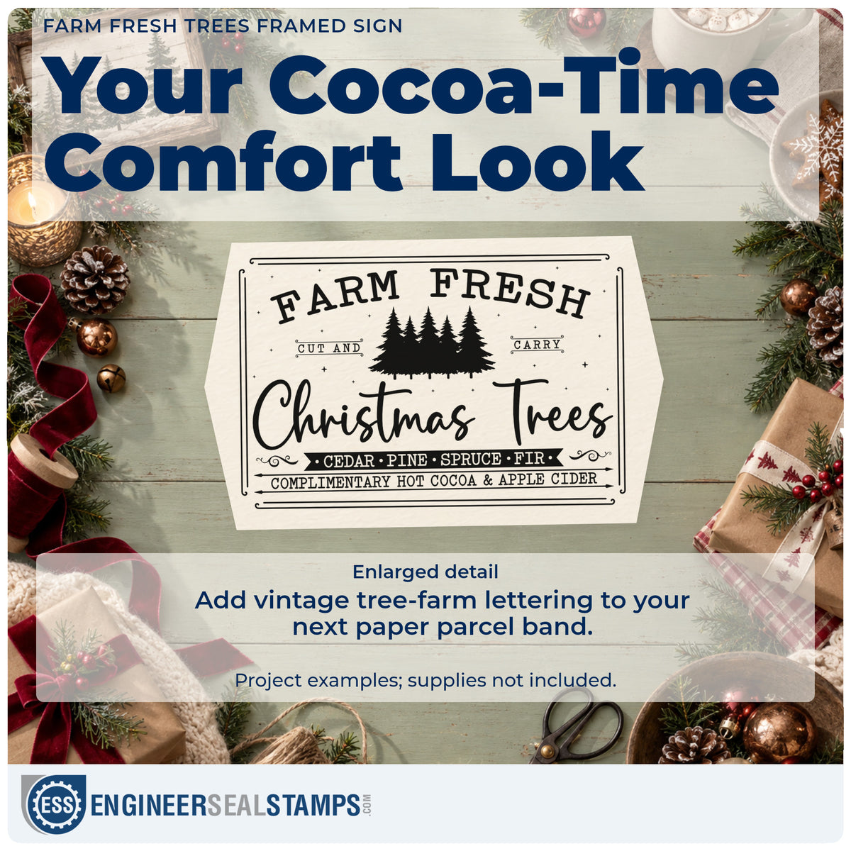Enlarged detail of the Farm Fresh Trees Framed Sign Hand Stamp – Duo imprint. A bordered vintage sign reads "Farm fresh Christmas trees" with pine silhouettes and text about cut-and-carry trees, cocoa, and apple cider.
