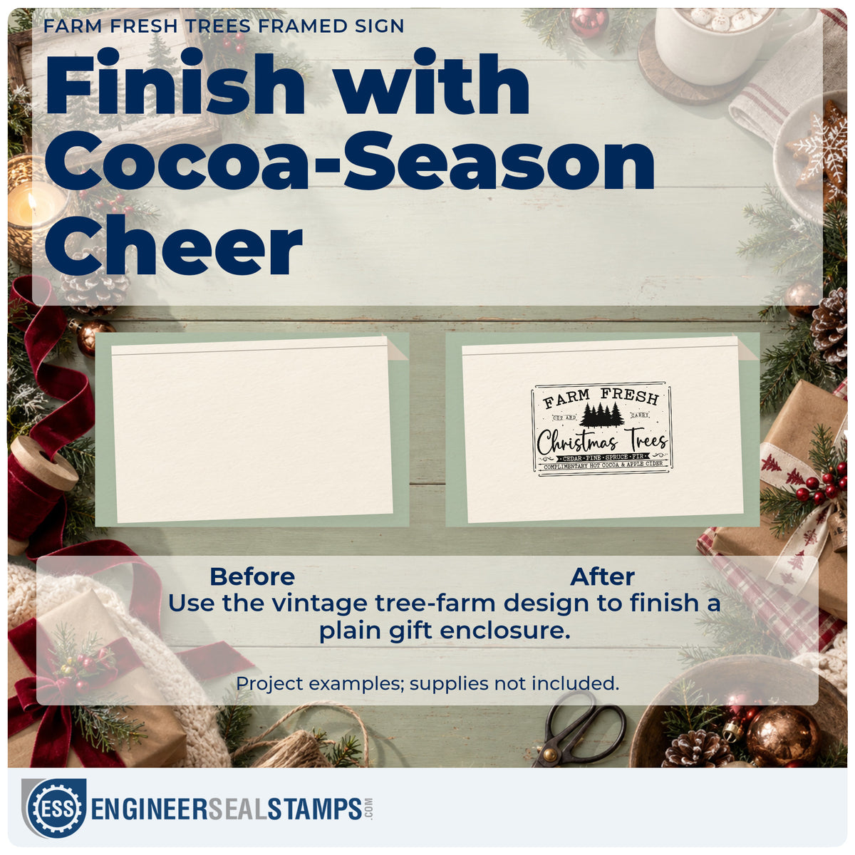 Before and after of a plain item finished with the Farm Fresh Trees Framed Sign Craft Stamp – Self-Inking, a quick upgrade for serving apron printing.
