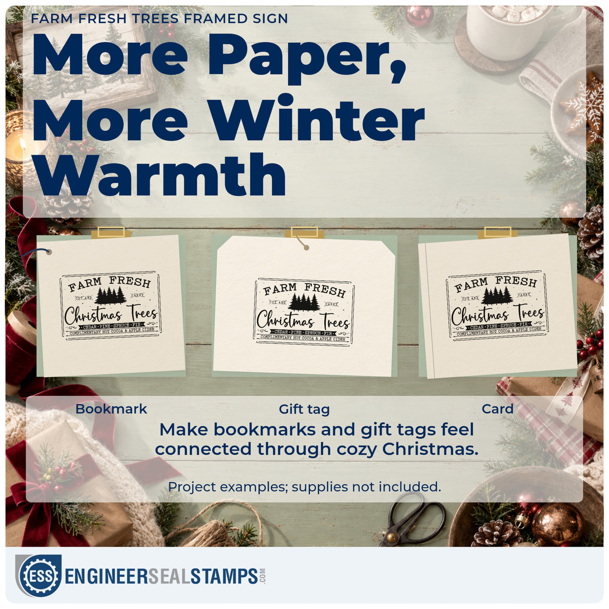 Three project examples made with the Farm Fresh Trees Framed Sign Hand Stamp – Duo, including drink cup tags.