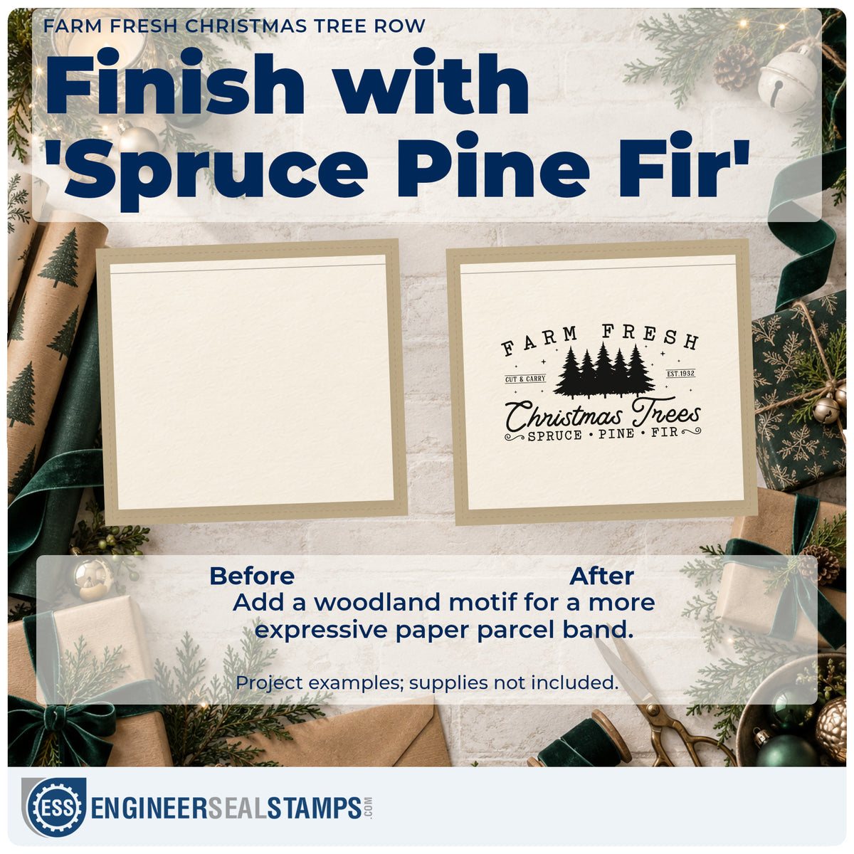 Before and after of a plain item finished with the Farm Fresh Christmas Tree Row Pine Motif PSI Pre-Inked Stamp, a quick upgrade for framed lot entry.