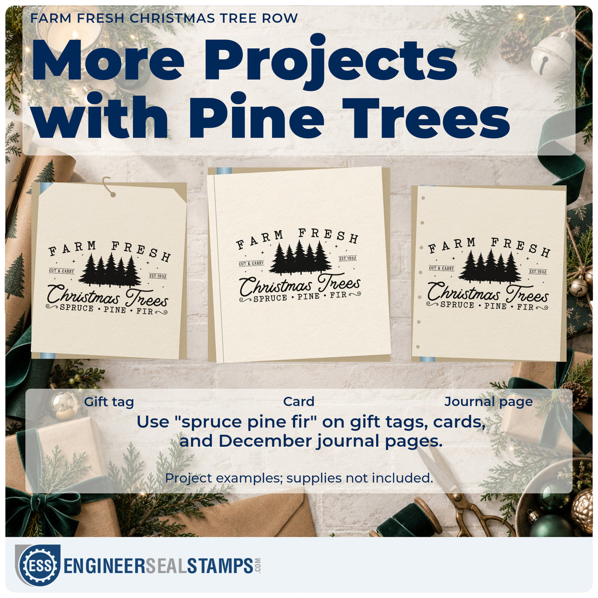 Three project examples made with the Farm Fresh Christmas Tree Row Pine Motif PSI Pre-Inked Stamp, including inline header sheet.