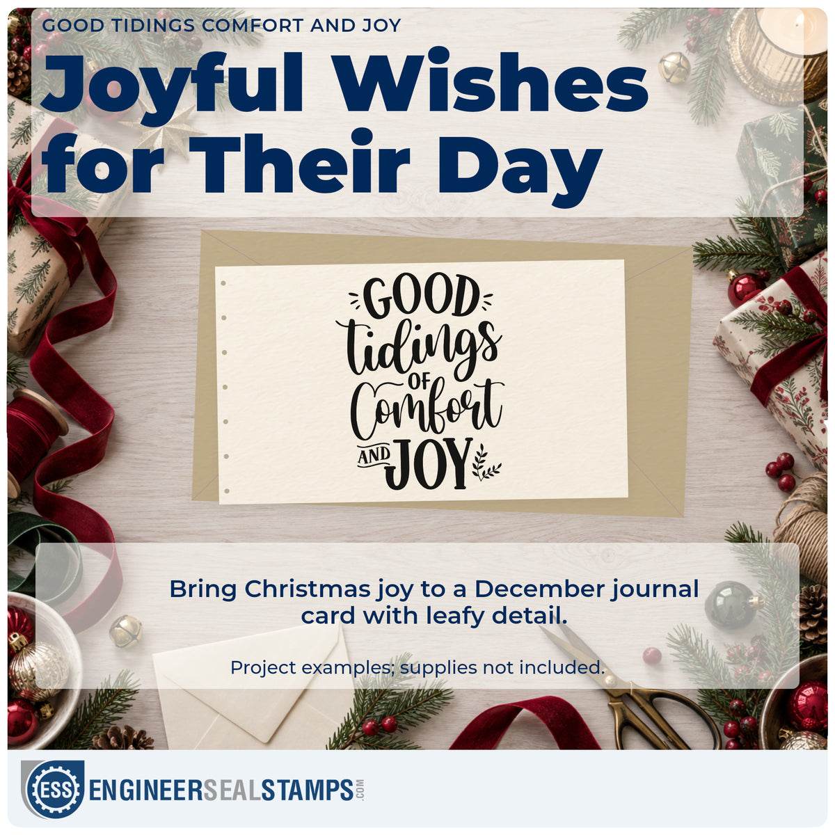 A finished handmade project stamped with the Good Tidings Comfort And Joy Slim Pre-Inked Stamp, ideal for care album page.